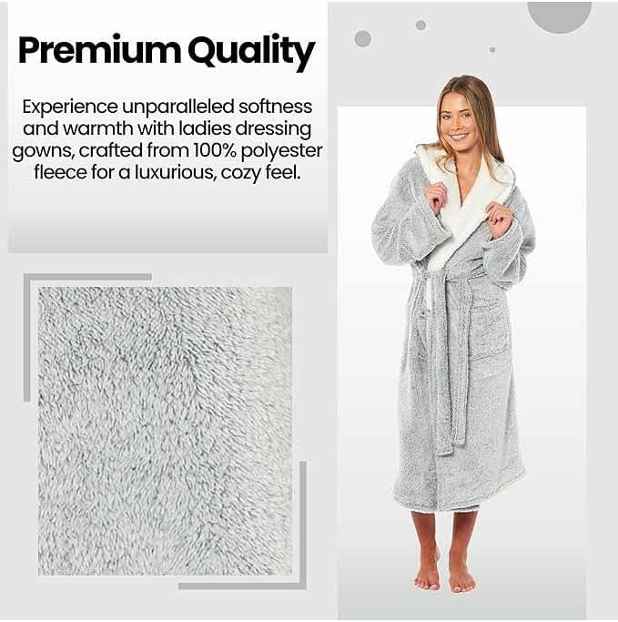 Women's Soft Plush Shimmer Fleece Hooded Bath Robe Luxurious Dressing Gown for Lounging and Sleeping in Shimmer Grey Multiple Sizes by Daisy Dreamer