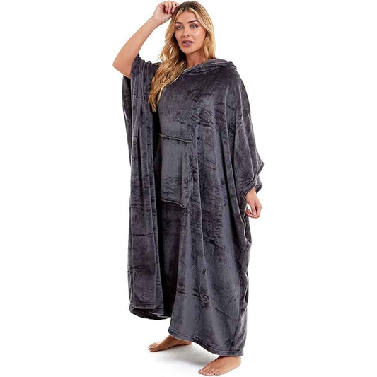 Women's Super Soft Oversized Hooded Poncho Blanket Navy Charcoal Flannel Fleece Cozy Loungewear Nightwear Warm Hoodie One Size Fits Most Adults by Daisy Dreamer