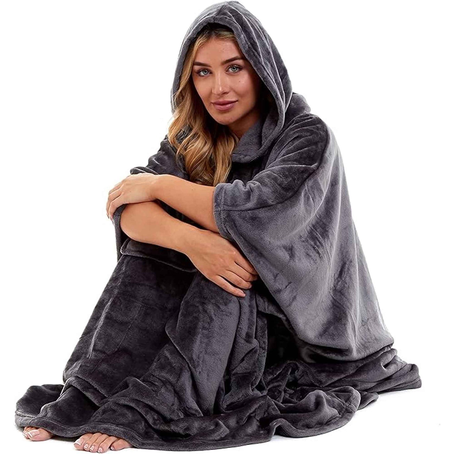 Women's Super Soft Oversized Hooded Poncho Blanket Navy Charcoal Flannel Fleece Cozy Loungewear Nightwear Warm Hoodie One Size Fits Most Adults by Daisy Dreamer