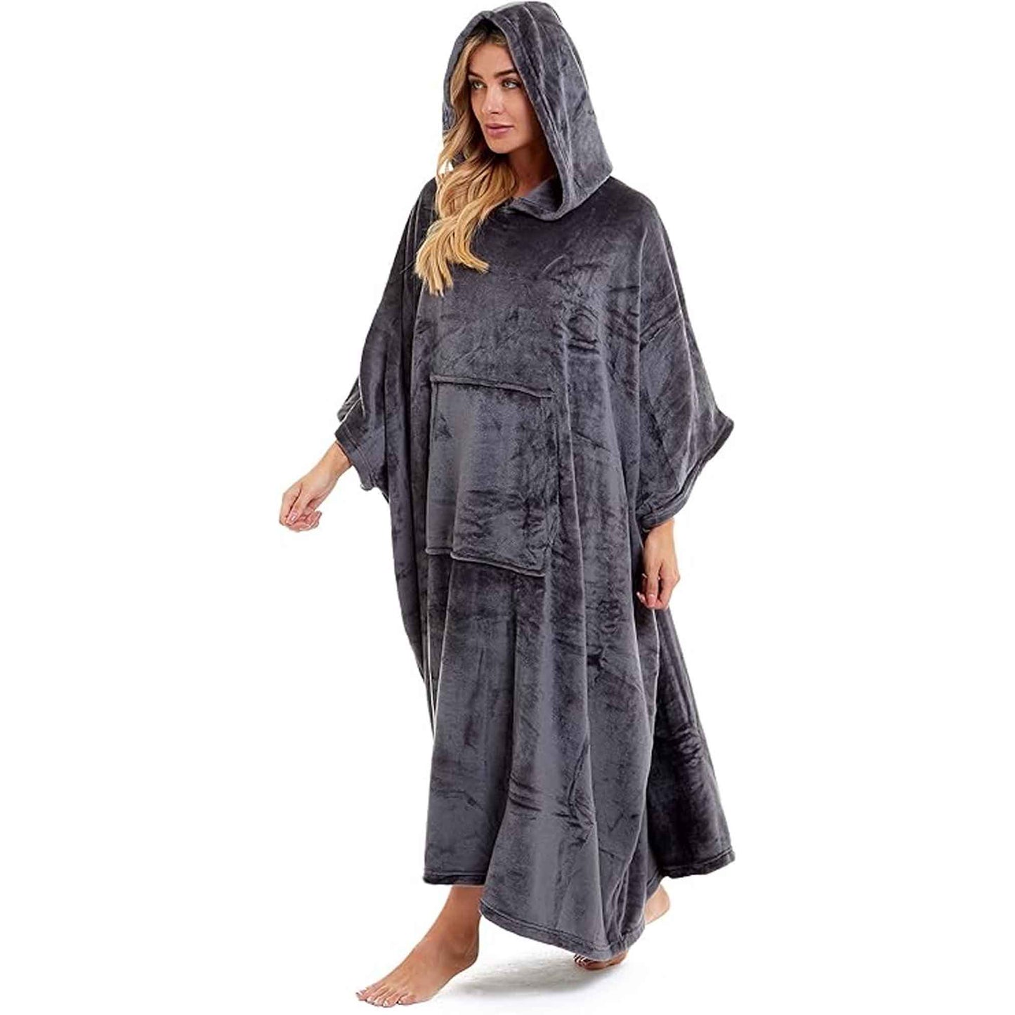 Women's Super Soft Oversized Hooded Poncho Blanket Navy Charcoal Flannel Fleece Cozy Loungewear Nightwear Warm Hoodie One Size Fits Most Adults by Daisy Dreamer