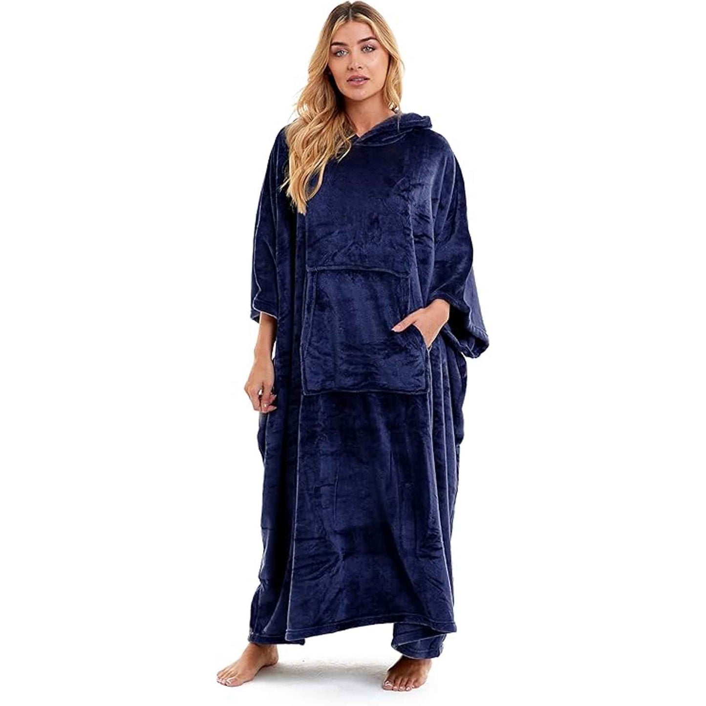 Women's Super Soft Oversized Hooded Poncho Blanket Navy Charcoal Flannel Fleece Cozy Loungewear Nightwear Warm Hoodie One Size Fits Most Adults by Daisy Dreamer