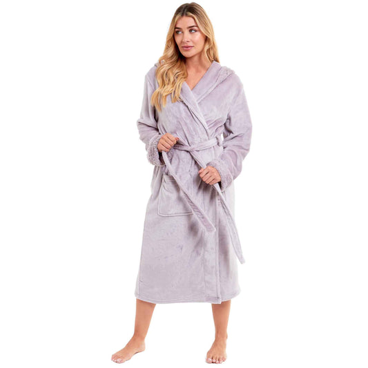 Women's Super Soft Plush Fleece Faux Fur Hooded Robe Luxurious Loungewear Bathrobe for Spa Hotel Home Pink Grey Sizes S-XL by Daisy Dreamer