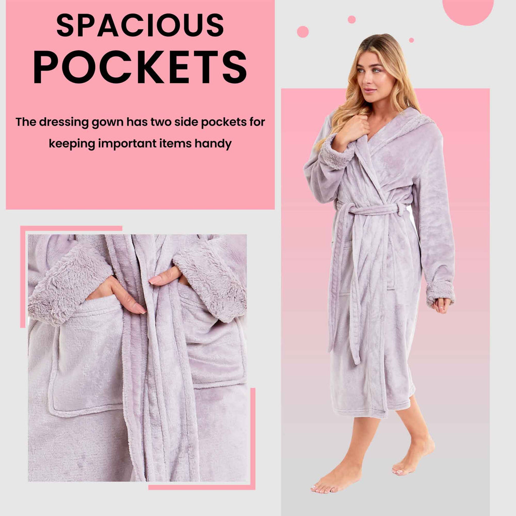 Daisy Dreamer Women's Faux Fur Hooded Robe Plush Fleece Loungewear Bathrobe Pink Grey Color Available Sizes S-XL For Spa Hotel Home Use