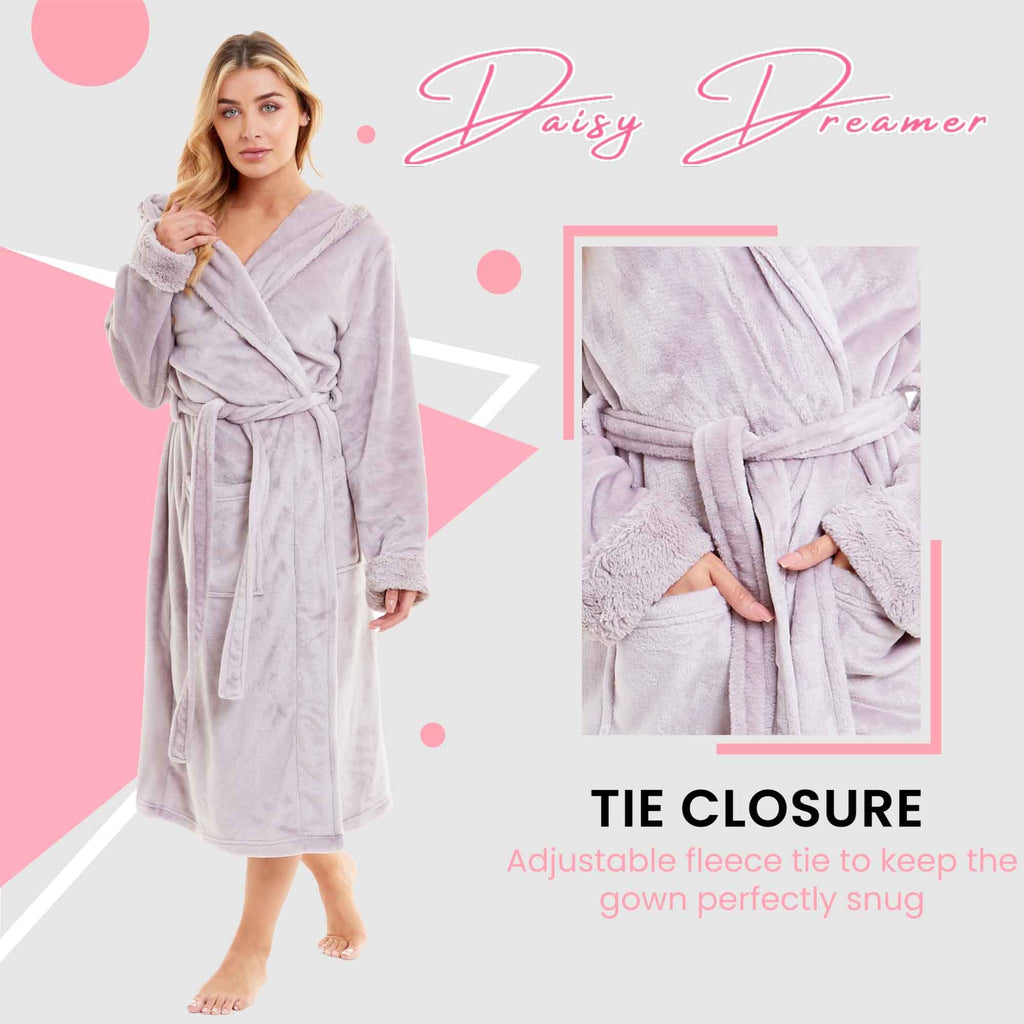 Daisy Dreamer Women's Faux Fur Hooded Robe Plush Fleece Loungewear Bathrobe Pink Grey Color Available Sizes S-XL For Spa Hotel Home Use