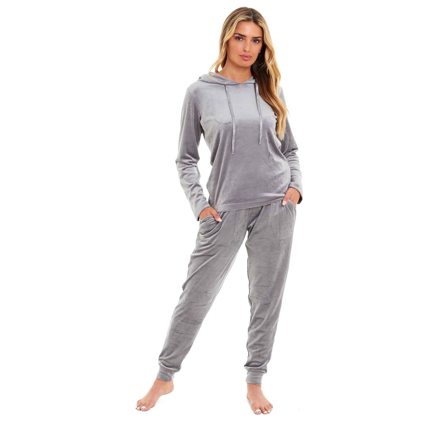 Women's Super Soft Velour Hooded Pyjama Set Comfortable Fleece Loungewear for Lounging Sleeping Pajama Parties in Pink Grey by Daisy Dreamer