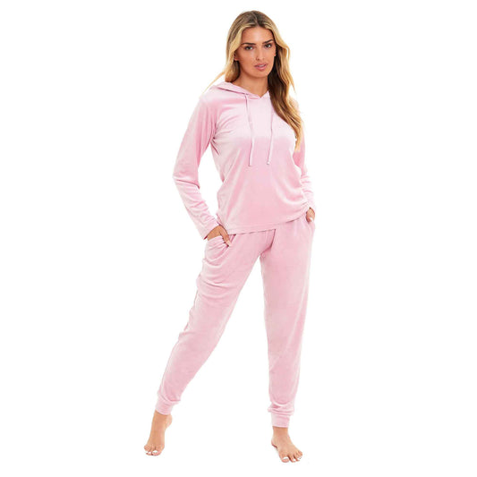 Women's Super Soft Velour Hooded Pyjama Set Comfortable Fleece Loungewear for Lounging Sleeping Pajama Parties in Pink Grey by Daisy Dreamer