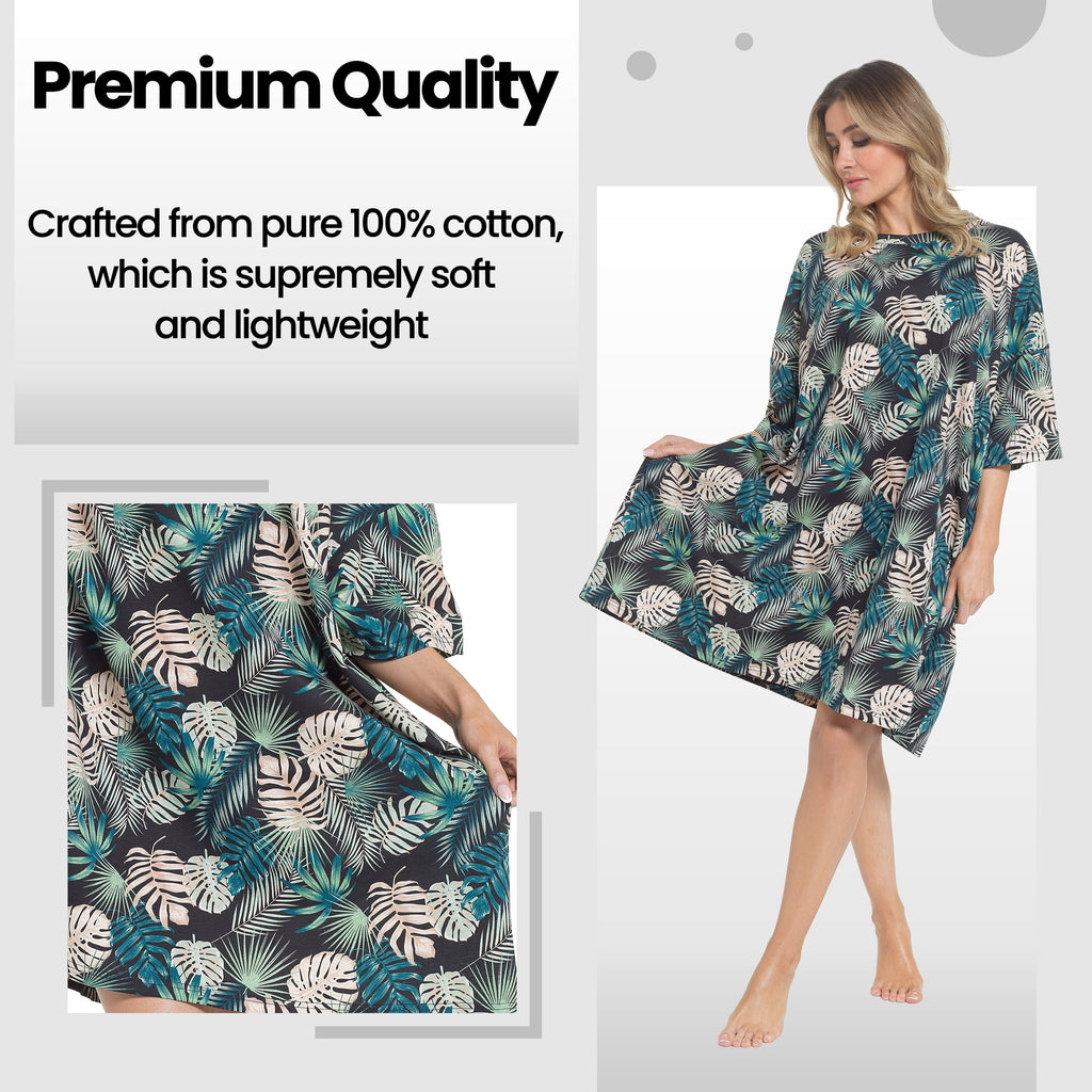 OLIVIA ROCCO Women's Tropical Baggy Nightdress 100% Cotton Oversized Short Sleeve Nightshirt Relaxed Fit Sleepwear for Ladies
