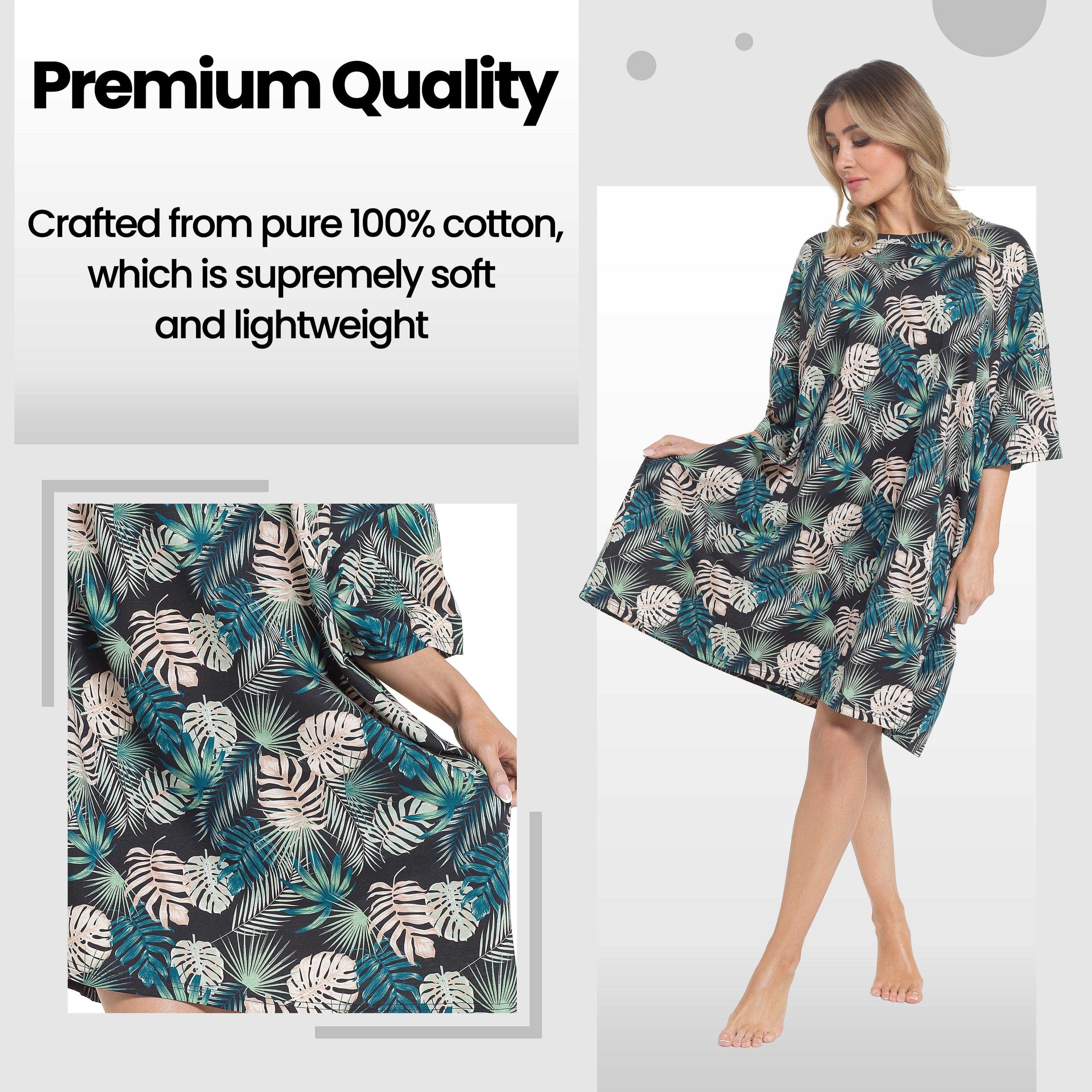 OLIVIA ROCCO Women's Tropical Baggy Nightdress 100% Cotton Oversized Short Sleeve Nightshirt Relaxed Fit Sleepwear for Ladies