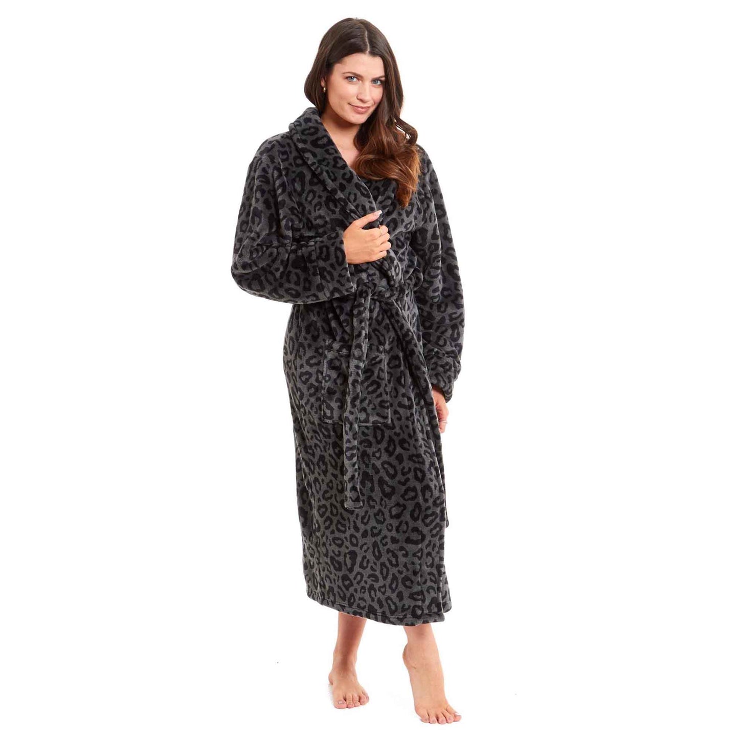 Women's Ultra-Soft Black Leopard Plush Fleece Bath Robe Warm Flannel Loungewear for Home Spa Gym Hotel Chic Animal Print by Daisy Dreamer