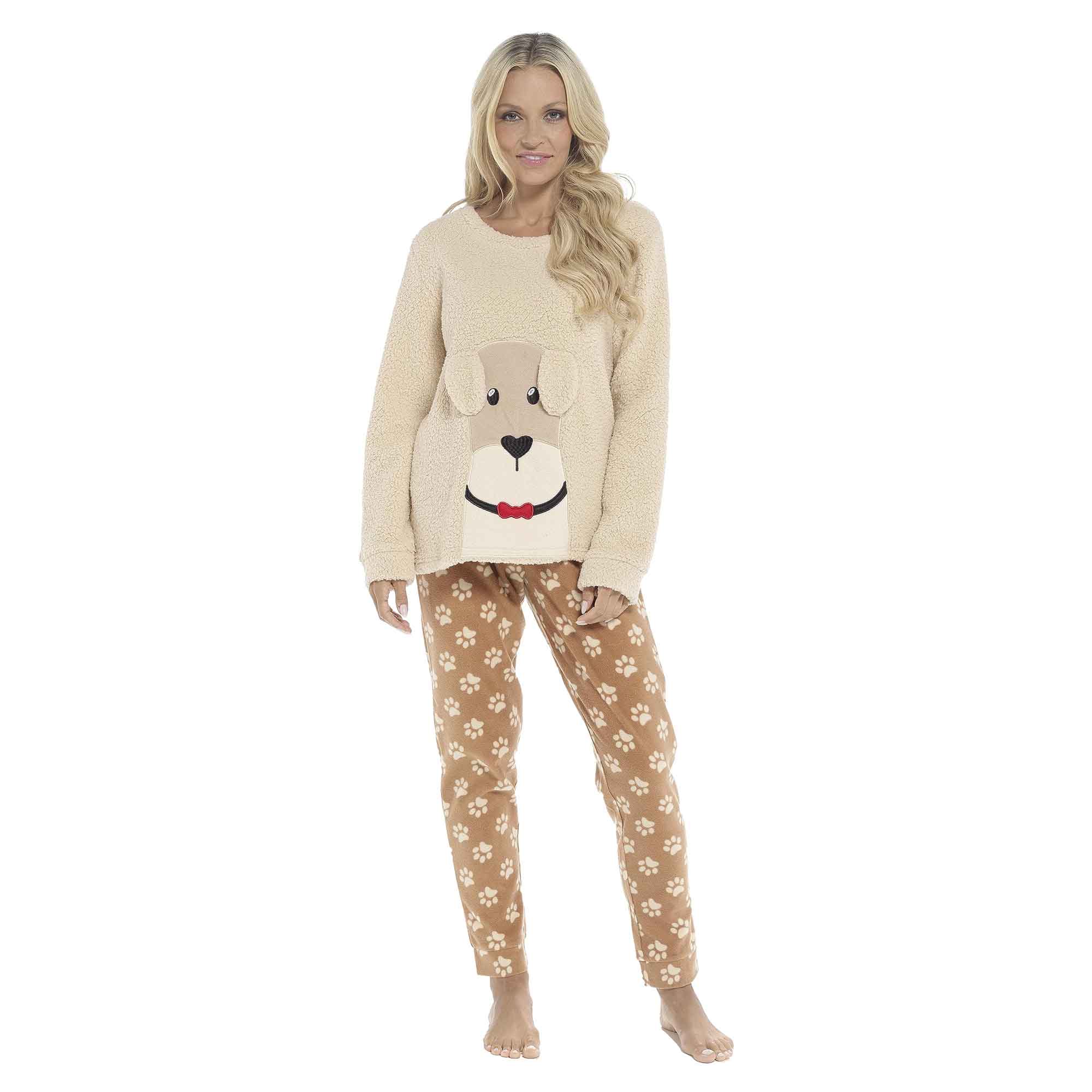 Daisy Dreamer Women's Pyjama Set Ultra Soft Fleece Dog Snuggle Elasticated Patterned Pants Long Sleeve Top UK Sizes 8-22 Winter Loungewear Sleepwear
