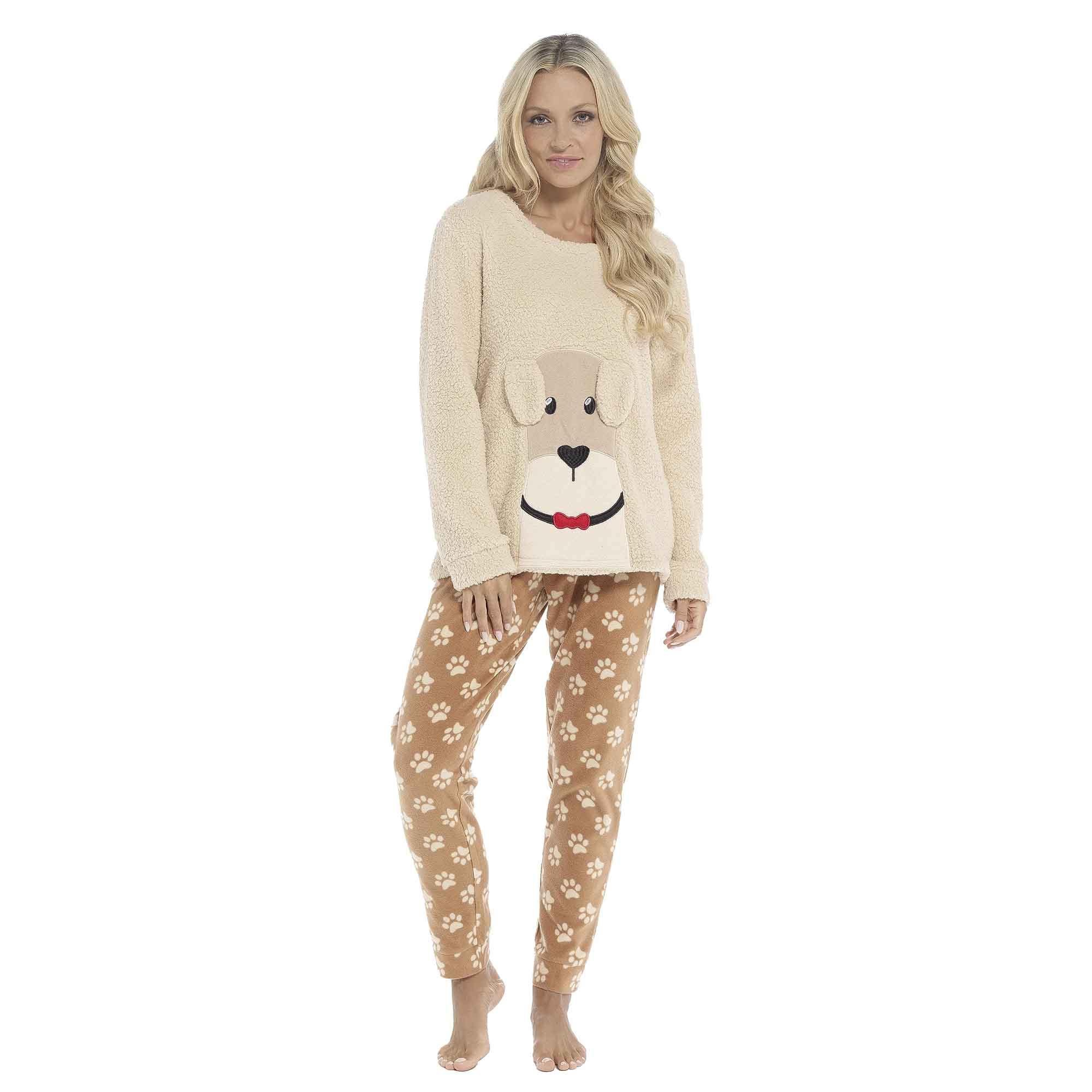 Daisy Dreamer Women's Pyjama Set Ultra Soft Fleece Dog Snuggle Elasticated Patterned Pants Long Sleeve Top UK Sizes 8-22 Winter Loungewear Sleepwear