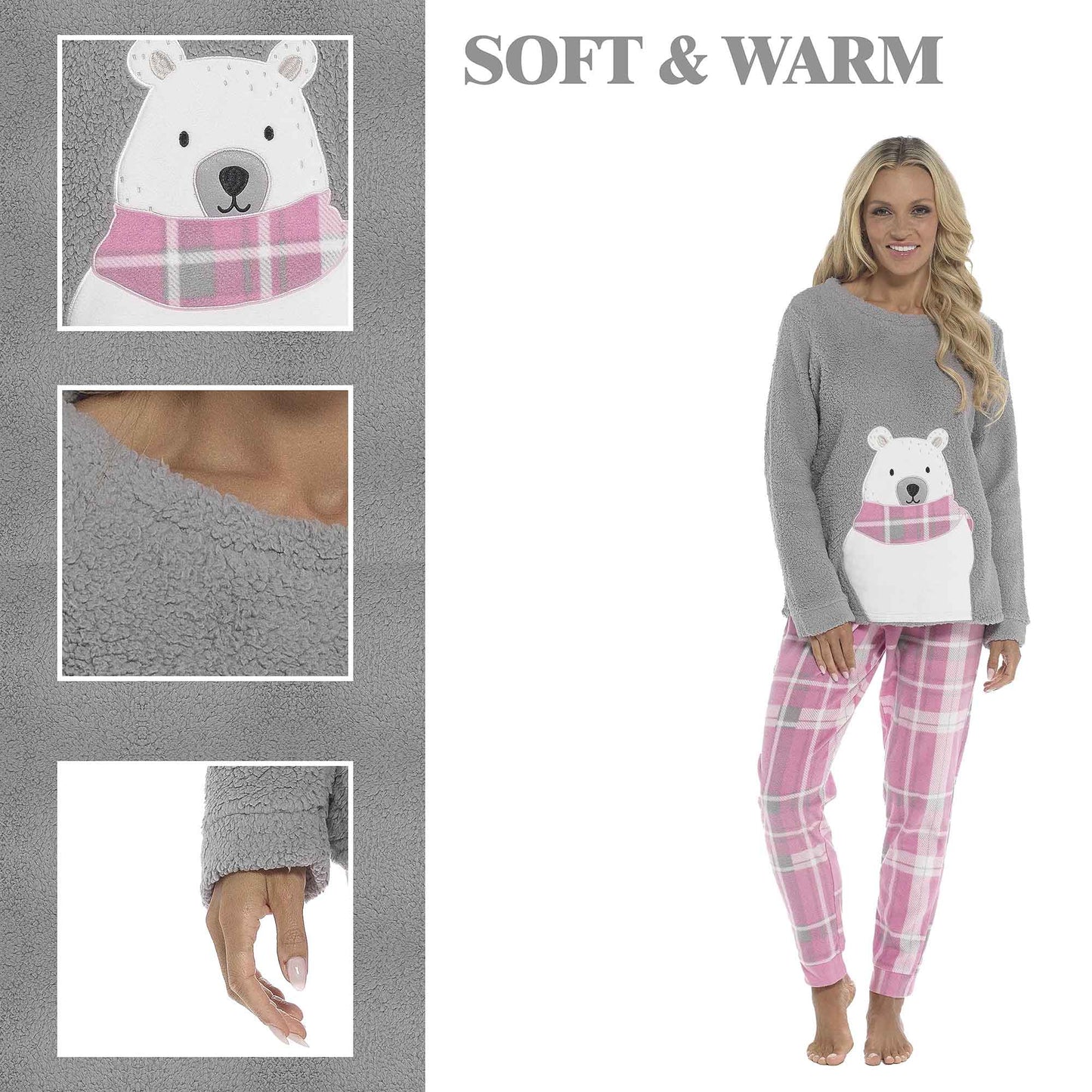 Women's Ultra-Soft Fleece Pyjama Set Cozy Polar Bear Print Long Sleeve Top and Elasticated Bottoms Warm Winter Nightwear by Daisy Dreamer