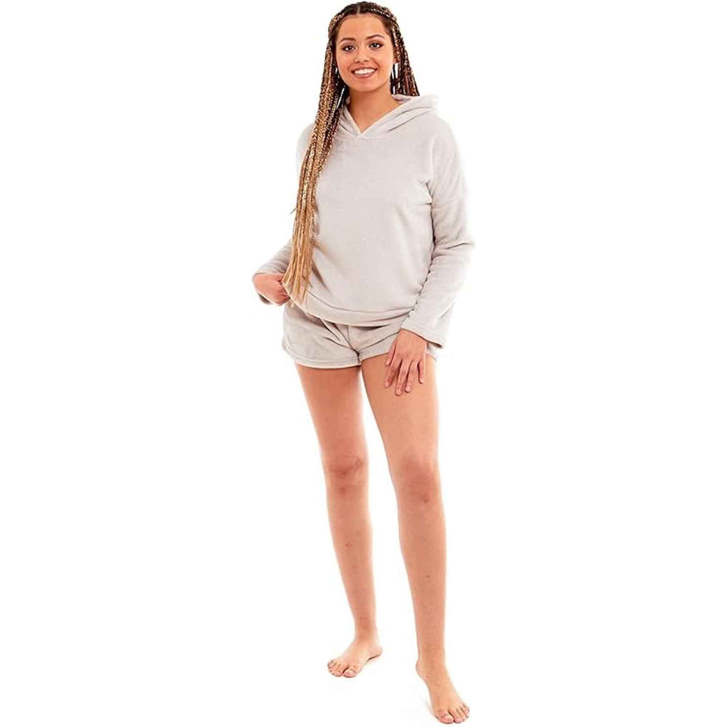 Daisy Dreamer Women's Hooded Fleece Pyjama Set With Shorts Ultra Soft Fluffy Loungewear Available In Pink And Grey All Seasons