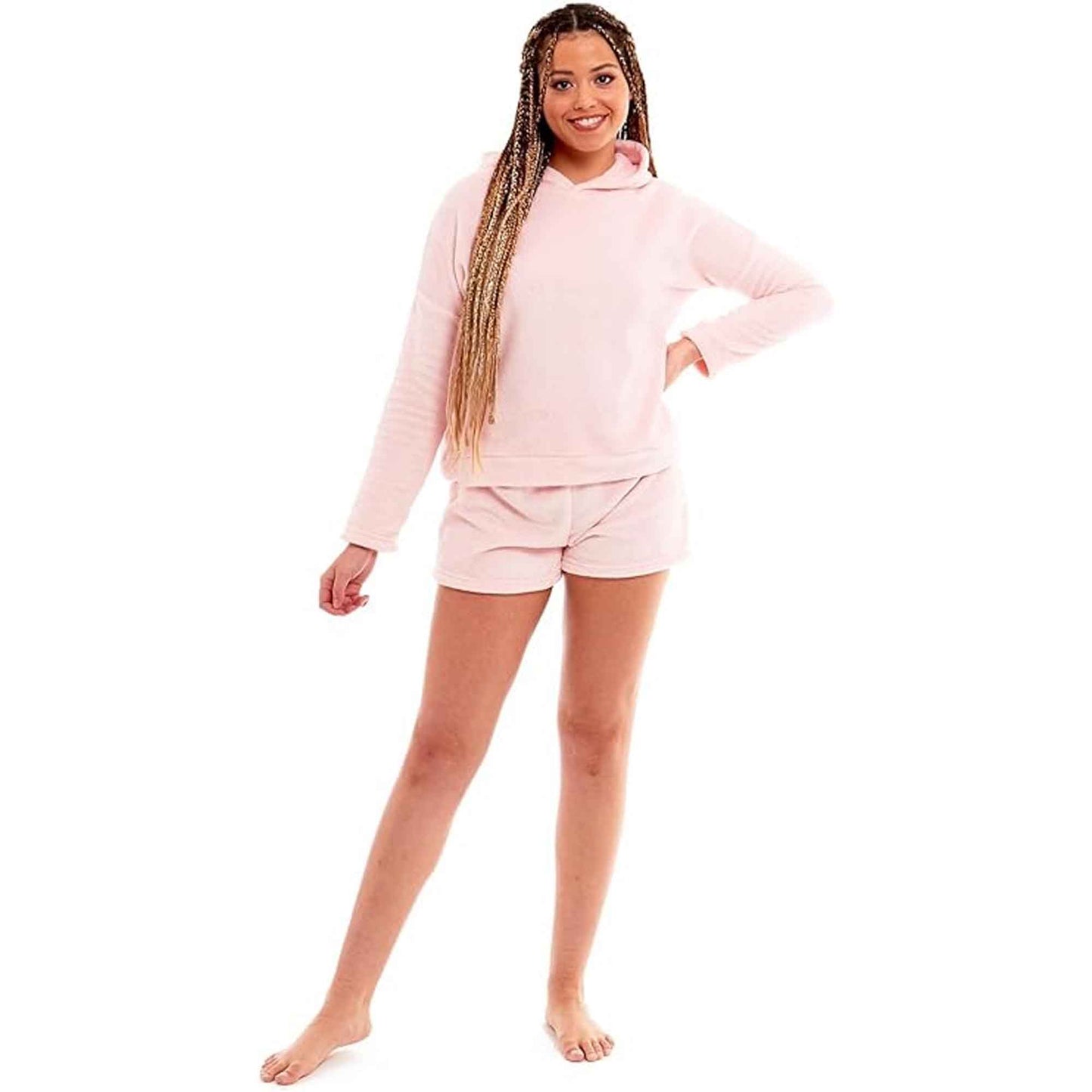 Women's Ultra Soft Fleece Pyjama Set with Hooded Top and Shorts Cozy Loungewear Homewear Available in Pink and Grey All Seasons Daisy Dreamer
