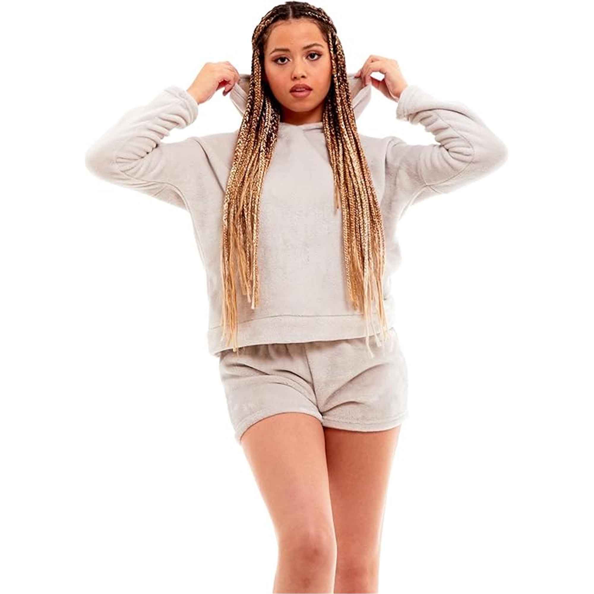 Daisy Dreamer Women's Hooded Fleece Pyjama Set With Shorts Ultra Soft Fluffy Loungewear Available In Pink And Grey All Seasons