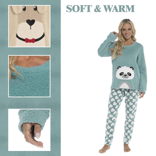 Women's Ultra-Soft Panda Snuggle Fleece Pyjama Set with Long Sleeve Top and Elasticated Bottoms for Lounging and Sleepwear by Daisy Dreamer