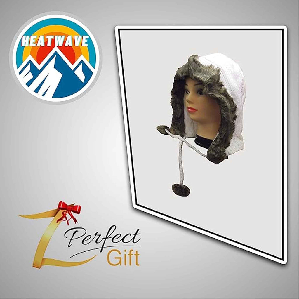 Sock Stack Women's Winter Chunky Knit Hood Hat With Faux Fur Trim And Pom Poms, Acrylic, One Size, Cream Beige And Black