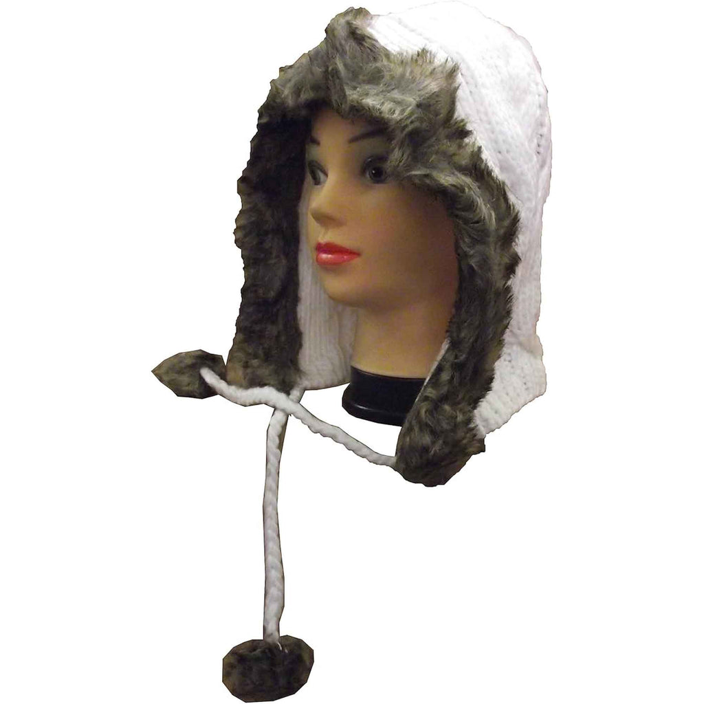 Sock Stack Women's Winter Chunky Knit Hood Hat With Faux Fur Trim And Pom Poms, Acrylic, One Size, Cream Beige And Black