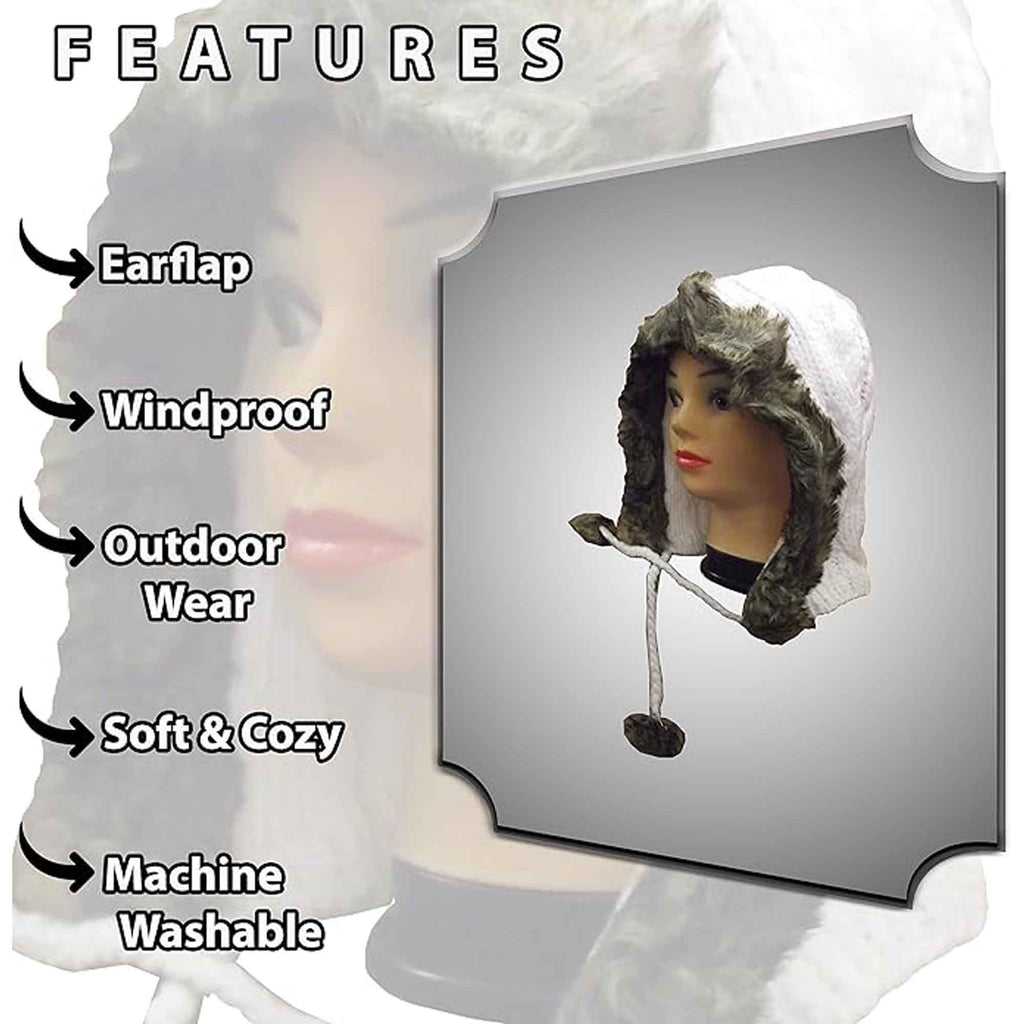 Sock Stack Women's Winter Chunky Knit Hood Hat With Faux Fur Trim And Pom Poms, Acrylic, One Size, Cream Beige And Black