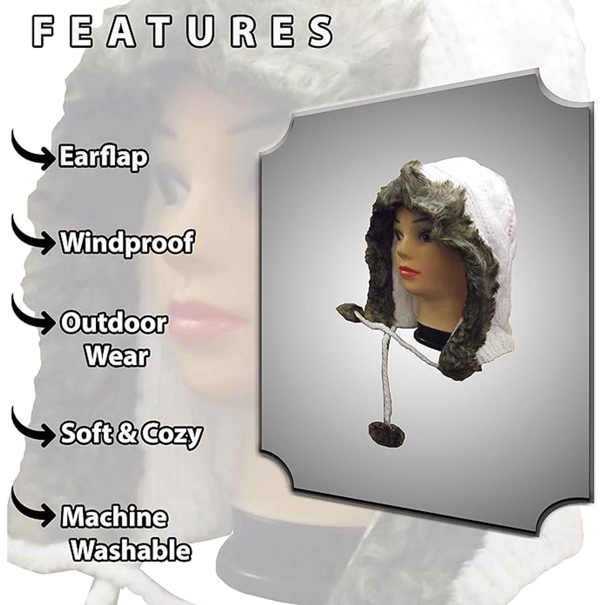 Sock Stack Women's Winter Chunky Knit Hood Hat With Faux Fur Trim And Pom Poms, Acrylic, One Size, Cream Beige And Black