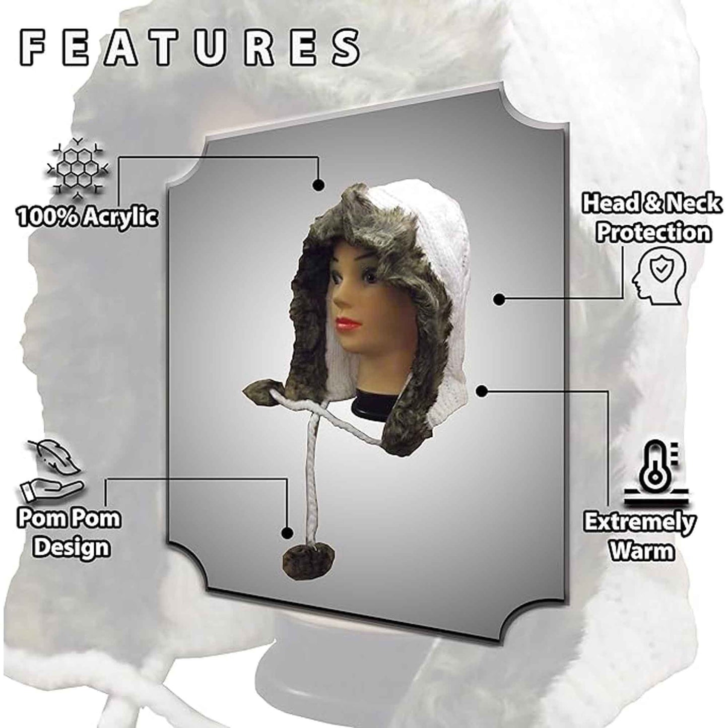 Women's Winter Chunky Knit Hood Hat with Faux Fur Trim and Pom Poms Warm Acrylic One Size Fits All in Cream Beige and Black by Sock Stack