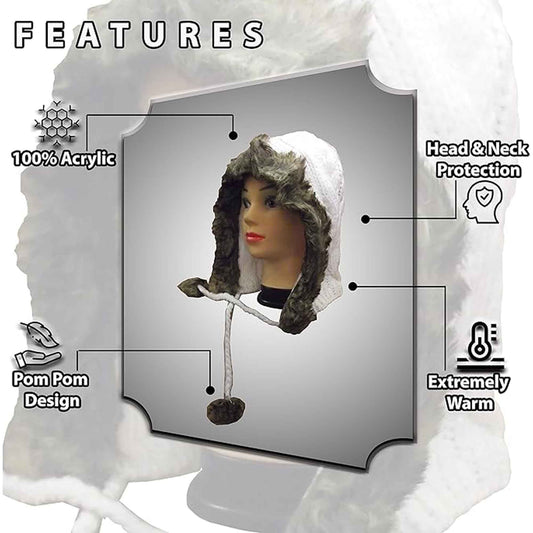 Women's Winter Chunky Knit Hood Hat with Faux Fur Trim and Pom Poms Warm Acrylic One Size Fits All in Cream Beige and Black by Sock Stack