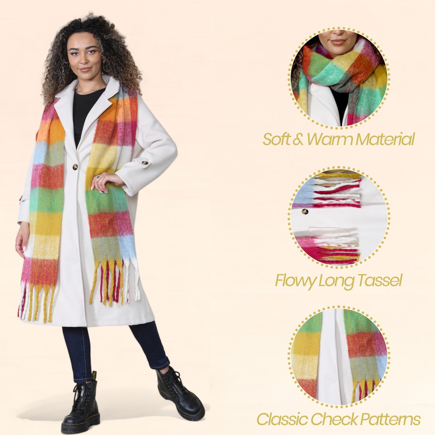 Women’s Yellow Burgundy Chunky Knit Bright Plaid Blanket Scarf Long Winter Wrap Warm Check Shawl with Tassels Gift for Ladies by Daisy Dreamer