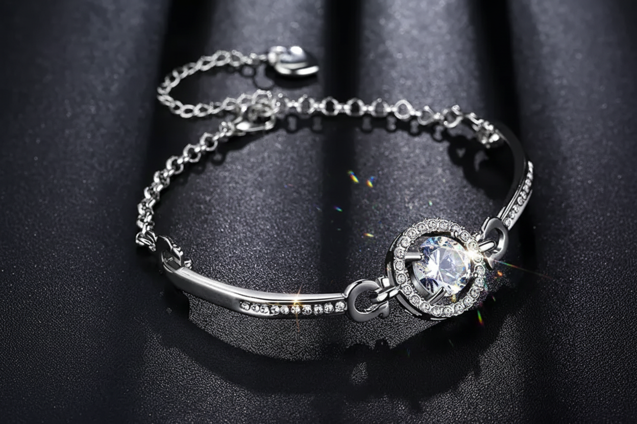 Women’s Silver Halo Crystal Bracelet – Elegant Sparkling Jewelry, Perfect Gift for Her