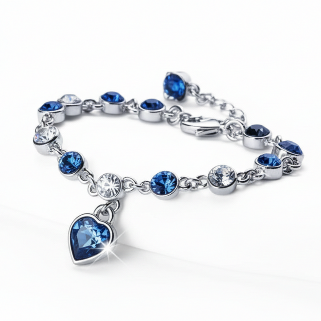 Women’s Silver Bracelet with Blue Heart Crystal Charm – Elegant Jewelry Gift for Her
