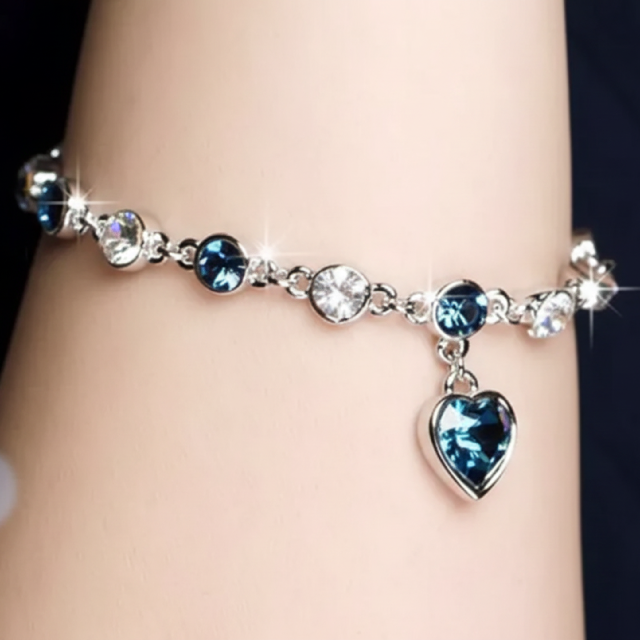 Women’s Silver Bracelet with Blue Heart Crystal Charm – Elegant Jewelry Gift for Her