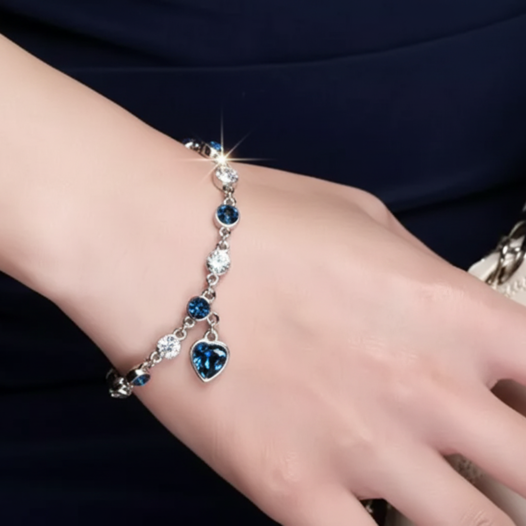 Women’s Silver Bracelet with Blue Heart Crystal Charm – Elegant Jewelry Gift for Her