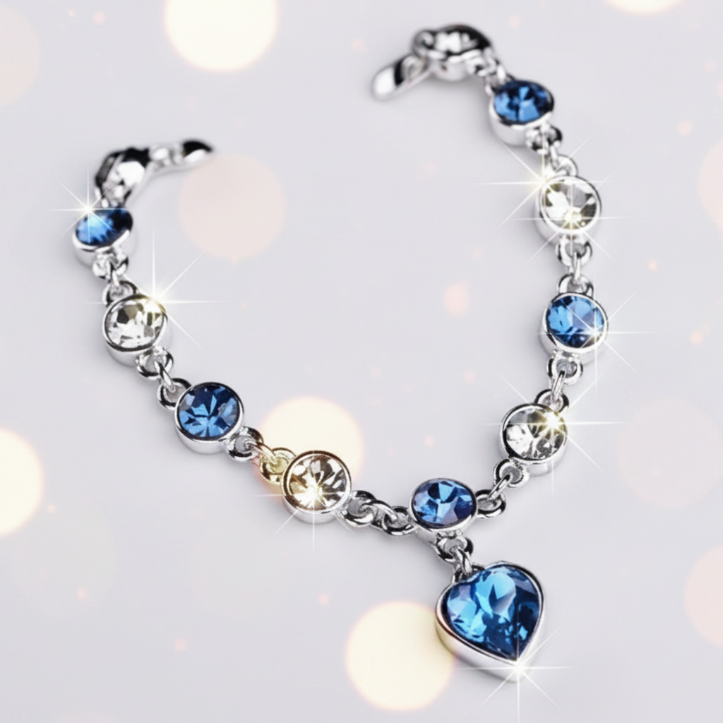 Women’s Silver Bracelet with Blue Heart Crystal Charm – Elegant Jewelry Gift for Her