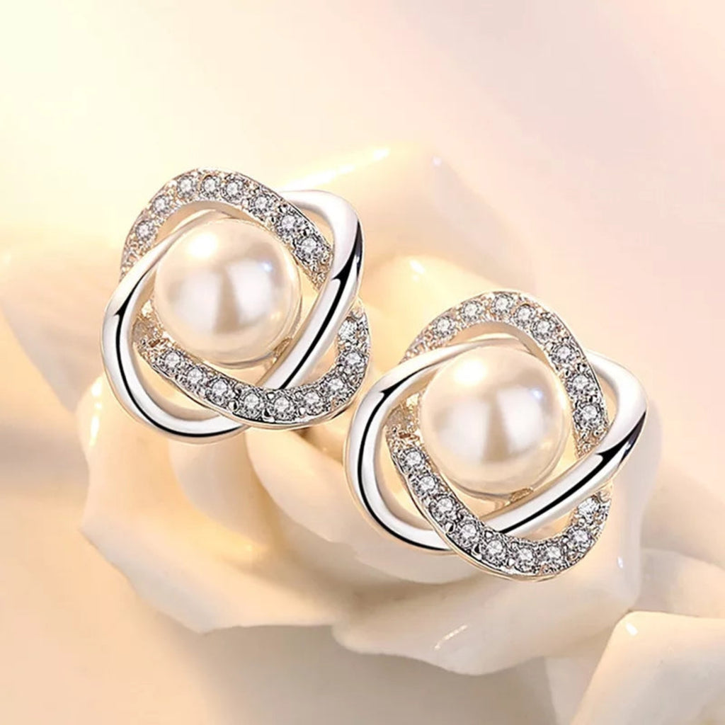Women’s Silver Pearl & Crystal Earrings – Elegant Dangle Jewelry, Perfect Gift for Her
