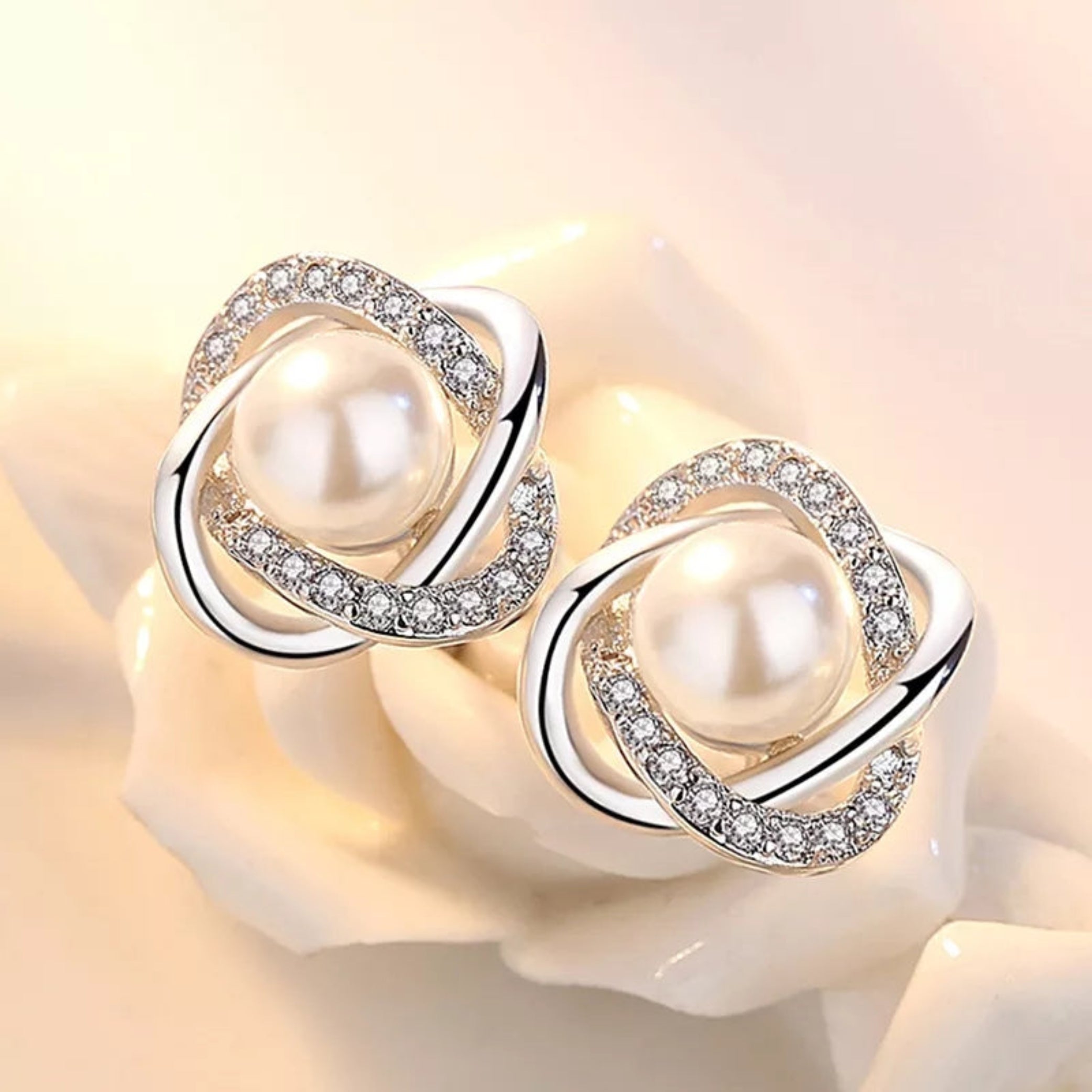 Women’s Silver Pearl & Crystal Earrings – Elegant Dangle Jewelry, Perfect Gift for Her