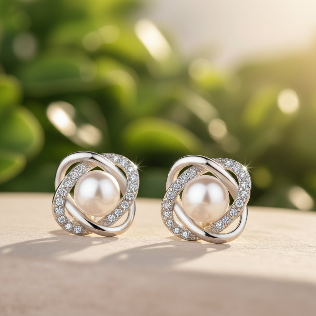 Women’s Silver Pearl & Crystal Earrings – Elegant Dangle Jewelry, Perfect Gift for Her